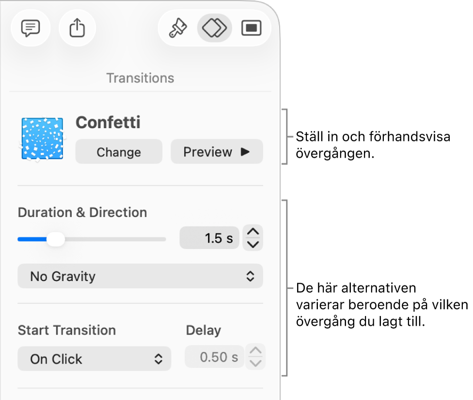 Övergångsreglage under Övergångar i sidofältet.
