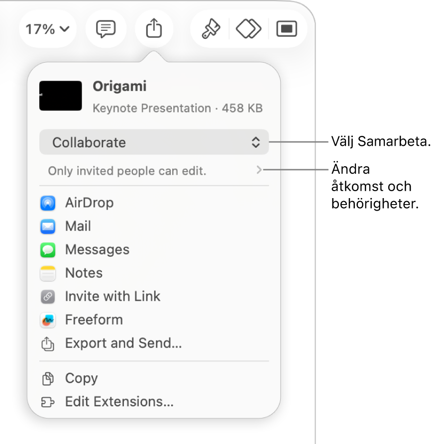 Delningsmenyn med Samarbeta markerat högst upp och tillgångs- och behörighetsinställningar under.