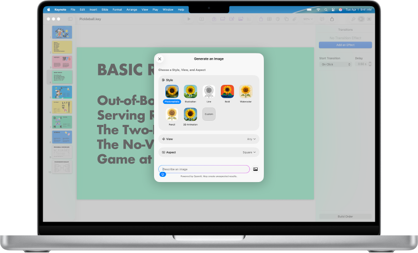 Dialogrutan Skapa en bild visar alternativ för att skapa en bild från en textbeskrivning.