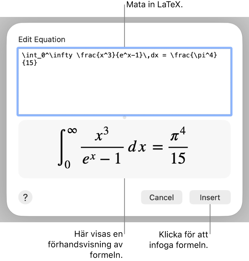 Den kvadratiska formeln skriven med LaTeX i ekvationsfältet och en förhandsvisning av formeln nedanför.