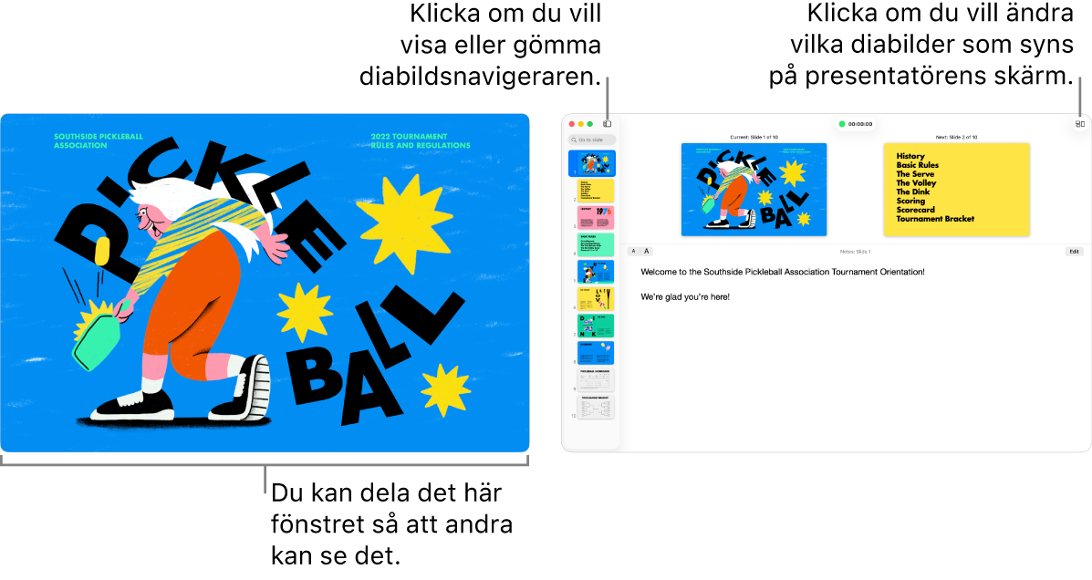 En Keynote-presentation visas i ett fönster och presentatörens skärm i ett annat fönster innehåller diabildsnavigatorn, presentatörens anteckningar och en diabildsförhandsvisning.