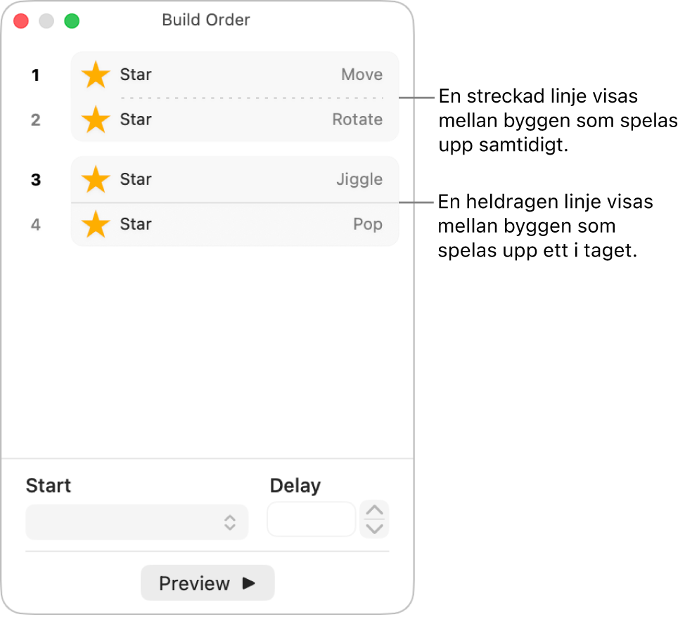 Menyn Byggordning med en streckad linje som visas mellan byggen som spelas upp samtidigt och en hel linje mellan byggen som spelas upp ett i taget.