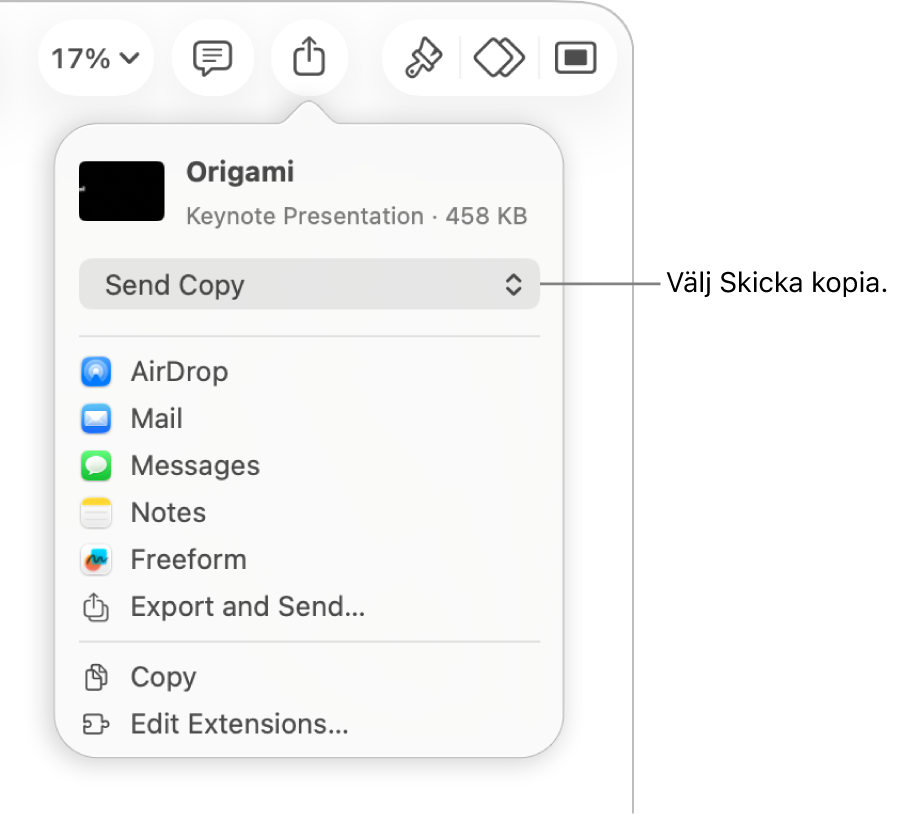 Delningsmenyn med Skicka kopia markerat högst upp.
