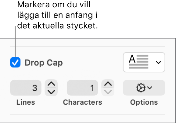 Kryssrutan Anfang är markerad och en popupmeny visas till höger. Reglage för inställning av radhöjd, antal tecken och andra alternativ visas nedanför den.