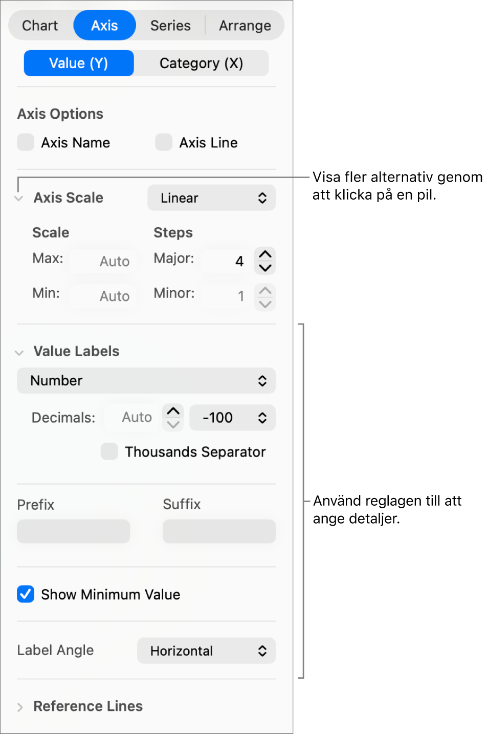 Reglage för formatering av diagramaxelmarkeringar.
