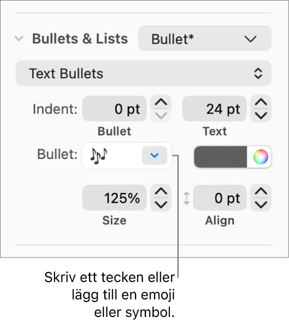Avsnittet Punkter och listor i formatsidofältet. Fältet Punkt visar en blomemoji.