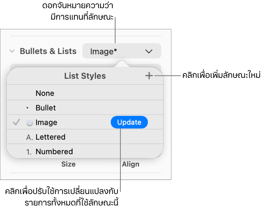 เมนูลักษณะรายการที่แสดงขึ้นที่มีเครื่องหมายดอกจันซึ่งบ่งบอกถึงการเขียนทับ คำอธิบายปุ่มลักษณะใหม่ และเมนูย่อยของตัวเลือกสำหรับจัดการลักษณะ