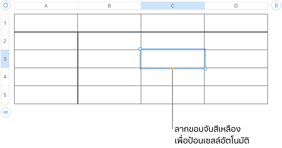 เซลล์ที่เลือกที่มีขอบจับสีเหลือง ซึ่งคุณสามารถลากเพื่อป้อนเซลล์อัตโนมัติได้