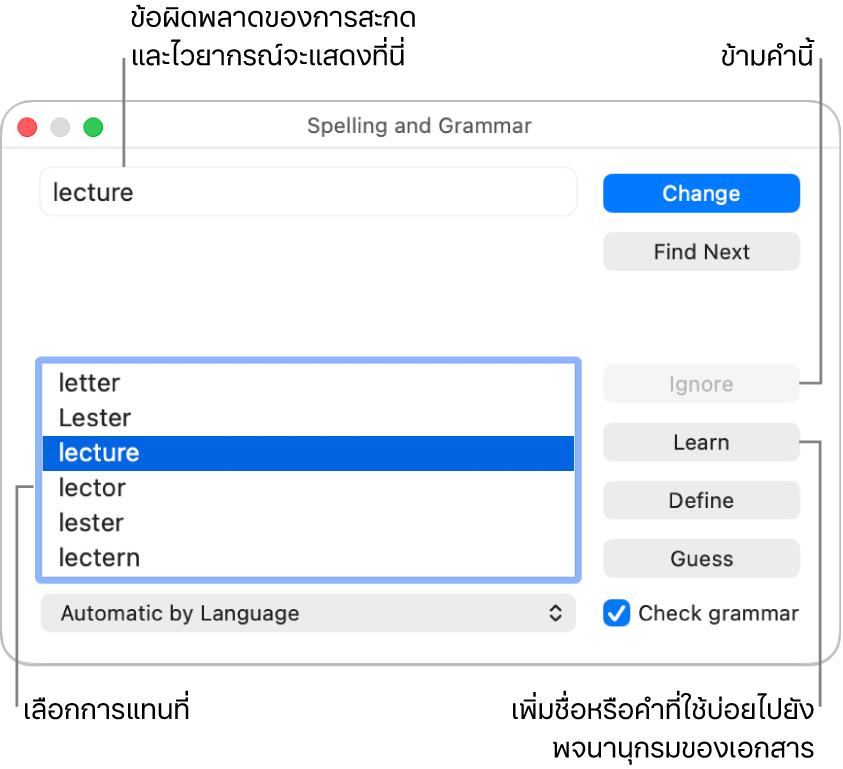 หน้าต่างการสะกดและไวยากรณ์
