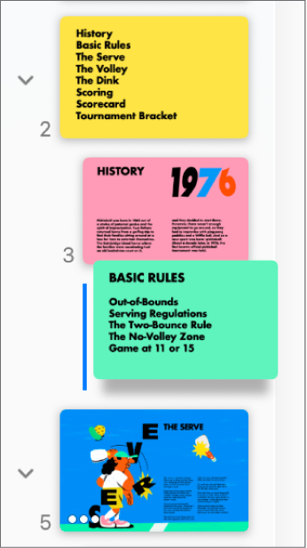 แถบนำทางสไลด์ที่กำลังแสดงสไลด์ที่เยื้องโดยมีเส้นอยู่ที่ด้านซ้าย