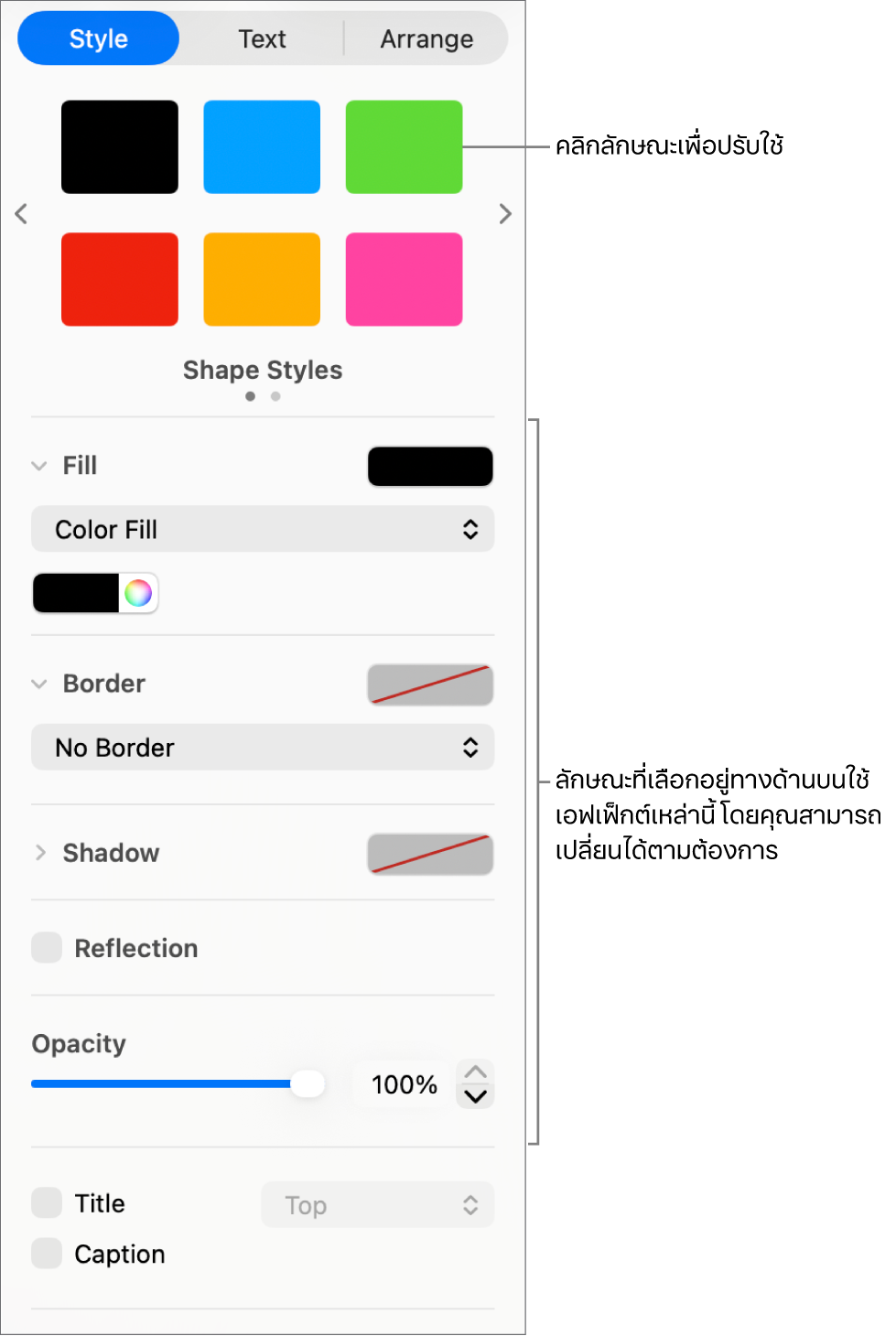 ลักษณะและตัวเลือกรูปร่างในส่วนรูปแบบของแถบด้านข้าง