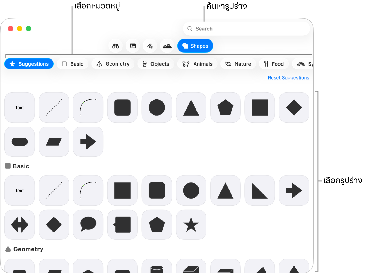 คลังรูปร่าง ซึ่งมีหมวดหมู่แสดงอยู่ในรายการด้านซ้ายและมีรูปร่างแสดงอยู่ด้านขวา คุณสามารถใช้ช่องค้นหาที่ด้านบนสุดเพื่อค้นหารูปร่างแล้วเลื่อนเพื่อดูเพิ่มเติมได้