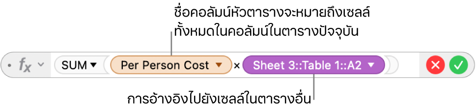 ตัวแก้ไขสูตรที่มีสามเหลี่ยมที่คุณสามารถคลิกเพื่อเปิดตัวเลือกสำหรับการคงการอ้างอิงแถวและคอลัมน์ได้