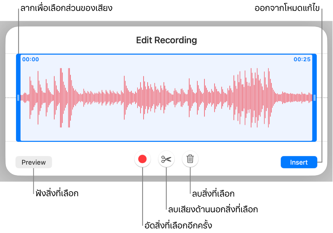ตัวควบคุมสำหรับแก้ไขเสียงที่อัด ขอบจับจะบ่งบอกส่วนที่เลือกอยู่ของรายการอัด และปุ่มแสดงตัวอย่าง อัด ตัดต่อ ลบ และโหมดแก้ไขจะอยู่ทางด้านล่าง