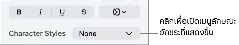 เมนูลักษณะอักขระที่แสดงขึ้นด้านล่างตัวควบคุมสำหรับเปลี่ยนลักษณะข้อความและสี