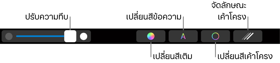 MacBook Pro Touch Bar ที่มีตัวควบคุมสำหรับการปรับแต่งความทึบของรูปร่าง เปลี่ยนสีเติม เปลี่ยนสีข้อความ เปลี่ยนสีเส้นกรอบและลักษณะของเส้นกรอบ