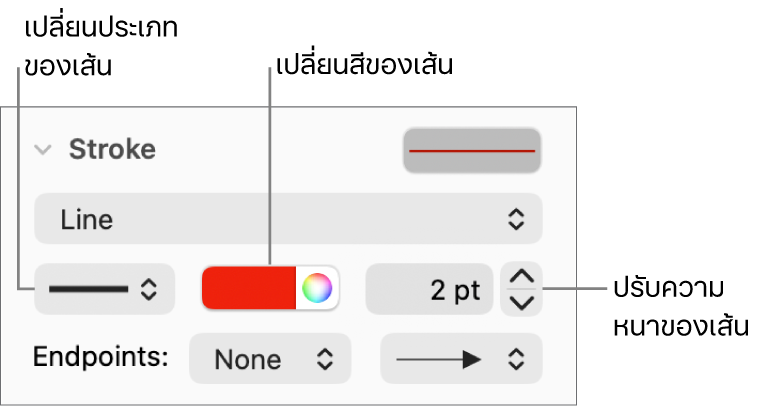 ตัวควบคุมขีดเส้นสำหรับตั้งค่าจุดปลาย ความหนาของเส้น และสี