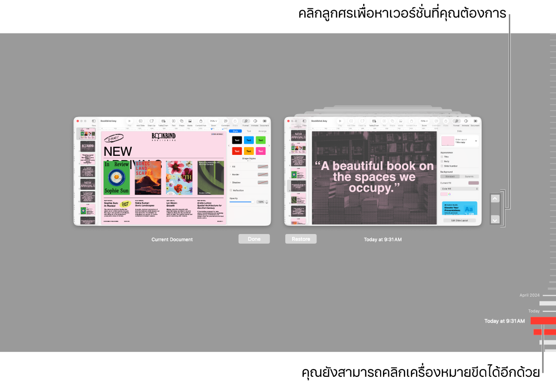 มุมมองแปลงกลับที่แสดงเครื่องหมายขีดและลูกศร