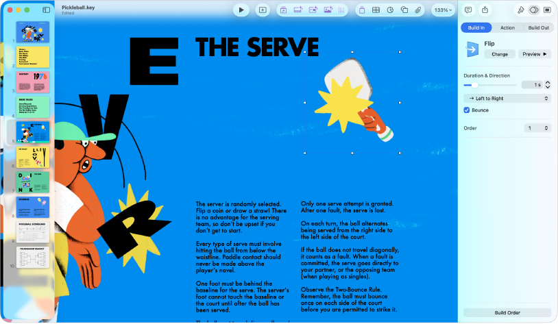 หน้าต่าง Keynote ที่มีเส้นประถูกเลือกอยู่บนสไลด์ แถบด้านข้างเคลื่อนไหวที่มีตัวควบคุมการเคลื่อนไหวฉากเข้าแสดงอยู่ทางด้านขวา