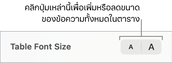ตัวควบคุมในแถบด้านข้างสำหรับเปลี่ยนขนาดแบบอักษรของตาราง