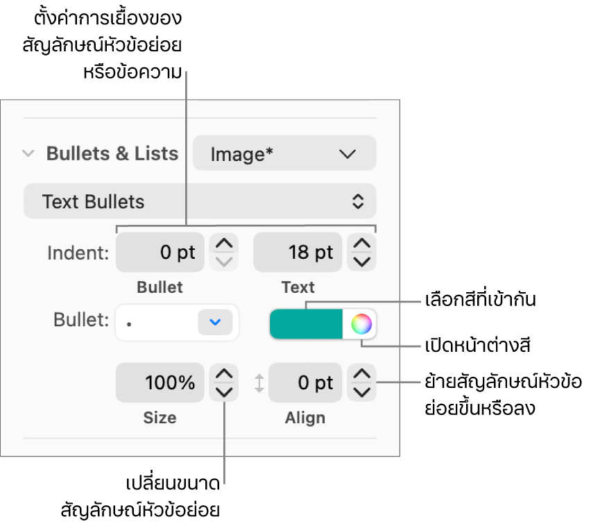 ส่วนสัญลักษณ์ย่อยและรายการที่มีคำบรรยายไปยังตัวควบคุมสำหรับสัญลักษณ์หัวข้อย่อยและการเยื้องข้อความ สีของสัญลักษณ์หัวข้อย่อย ขนาดของสัญลักษณ์หัวข้อย่อย และการจัดแนว
