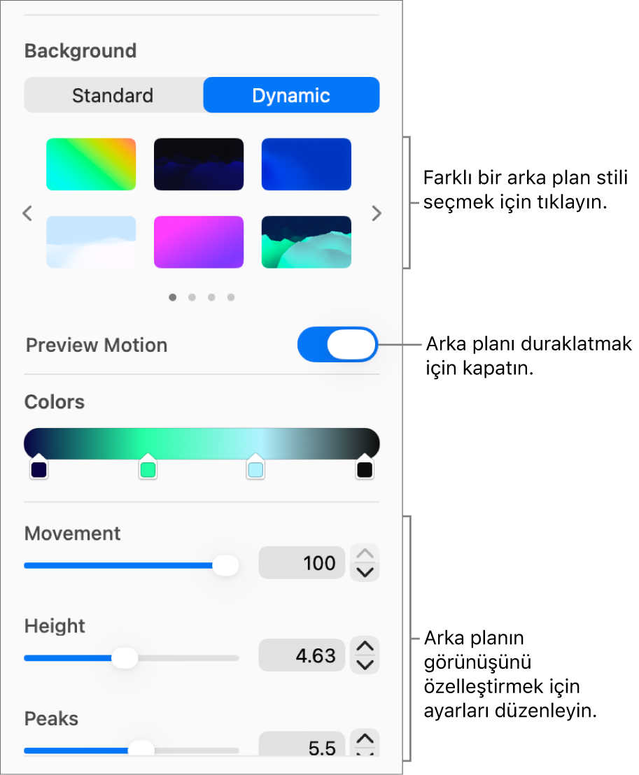 Dinamik arka plan stilleri, Hareket Önizleme denetimi ve görünüş denetimleri görüntülenen Biçim kenar çubuğunun Arka Plan bölümünde Dinamik düğmesi seçilir.
