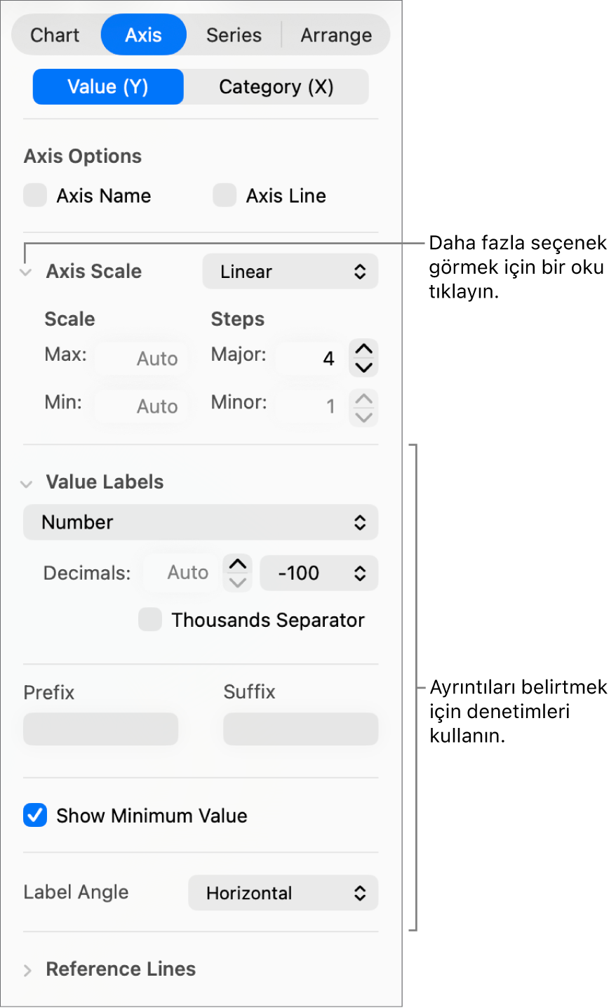 Grafik ekseni işaretlerini biçimleme denetimleri.