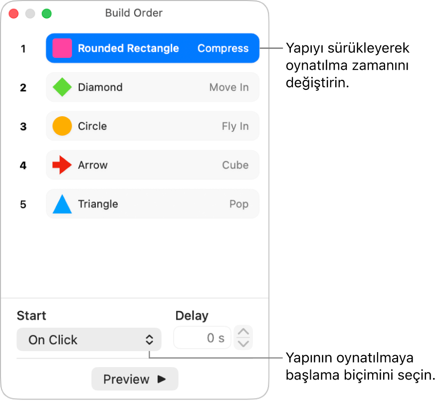 Yapı Sırası penceresi.