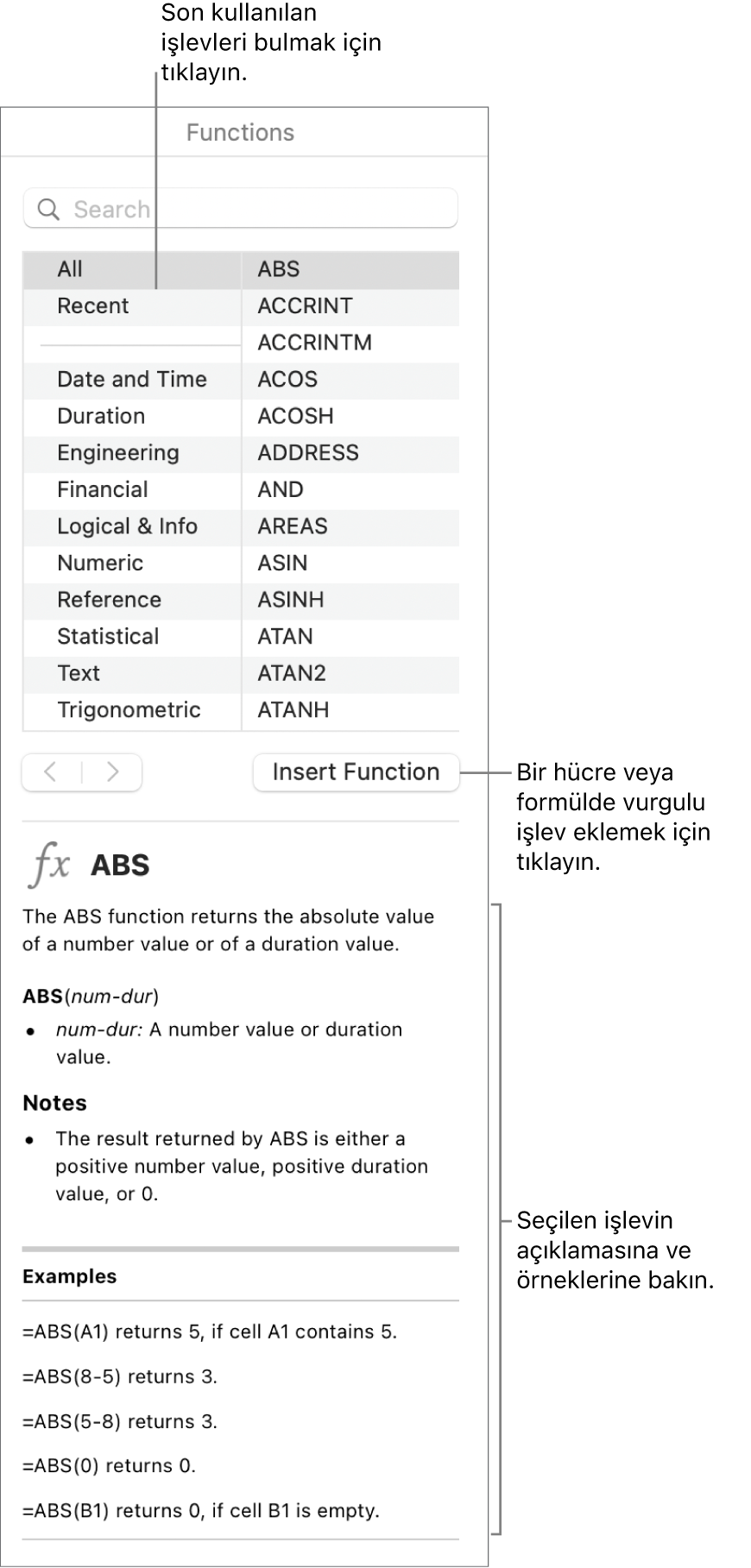 Son kullanılan işlevlere, İşlev Ekle düğmesine ve işlev tanımına belirtme çizgileriyle İşlev Tarayıcı.
