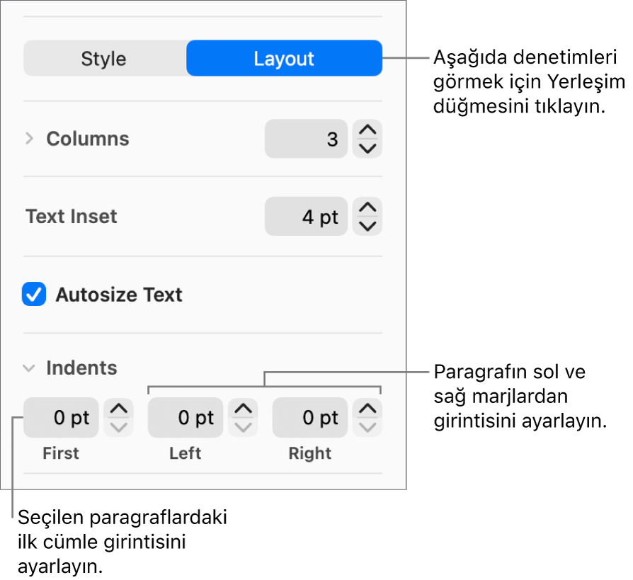 İlk satır girintisini ve paragraf marjlarını ayarlama denetimlerini gösteren Biçim kenar çubuğunun Yerleşim bölümü.