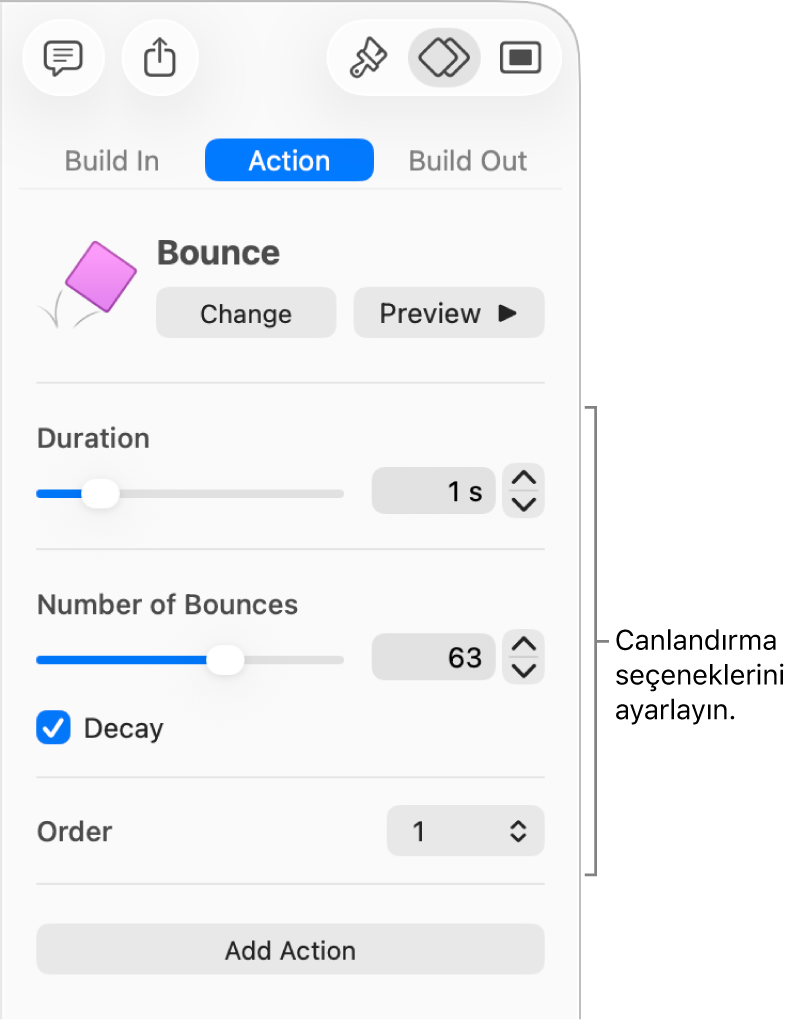 Kenar çubuğunun Canlandırma bölümündeki Eylem denetimleri.