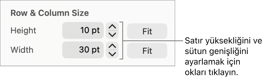 Net satır veya sütun boyutu ayarlama denetimleri.