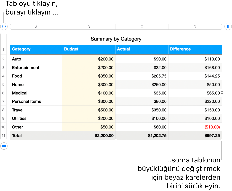 Yeniden boyutlandırma için beyaz kareleri bulunan seçili bir tablo.