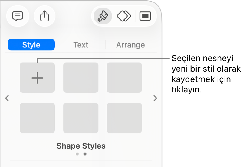 Bir metin kutusu stili, onun sağında Stil Yarat düğmesi ve dört boş stil yer tutucusuyla Biçim kenar çubuğunun Stil sekmesi.