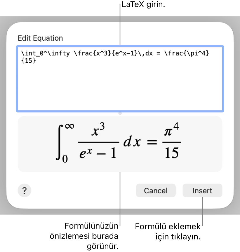 Denklem alanına LaTeX kullanılarak yazılmış ikinci dereceden formül ve altta formülün önizlemesi.