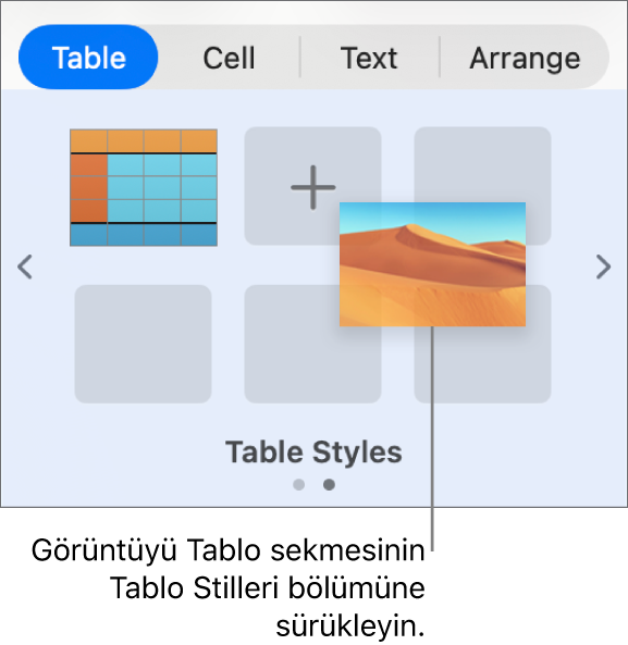 Tablo stillerine bir görüntü sürüklediğinizde yeni bir stil yaratılır.