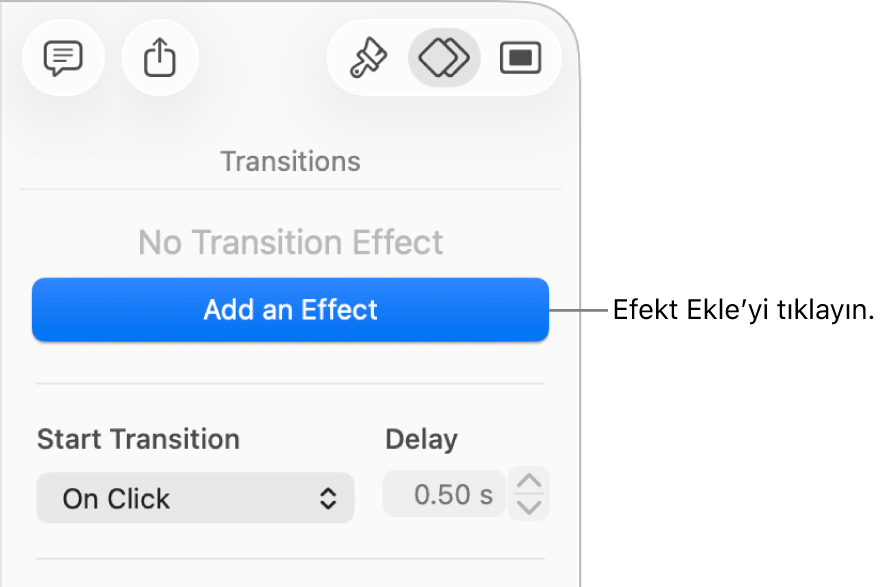 Kenar çubuğunun Canlandırma bölümündeki Efekt Ekle düğmesi.