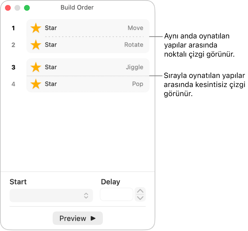 Yapı Sırası menüsü, eşzamanlı oynatılan yapılar arasında görünen noktalı bir çizgi ve tek tek oynatılan yapılar arasında düz bir çizgi ile.