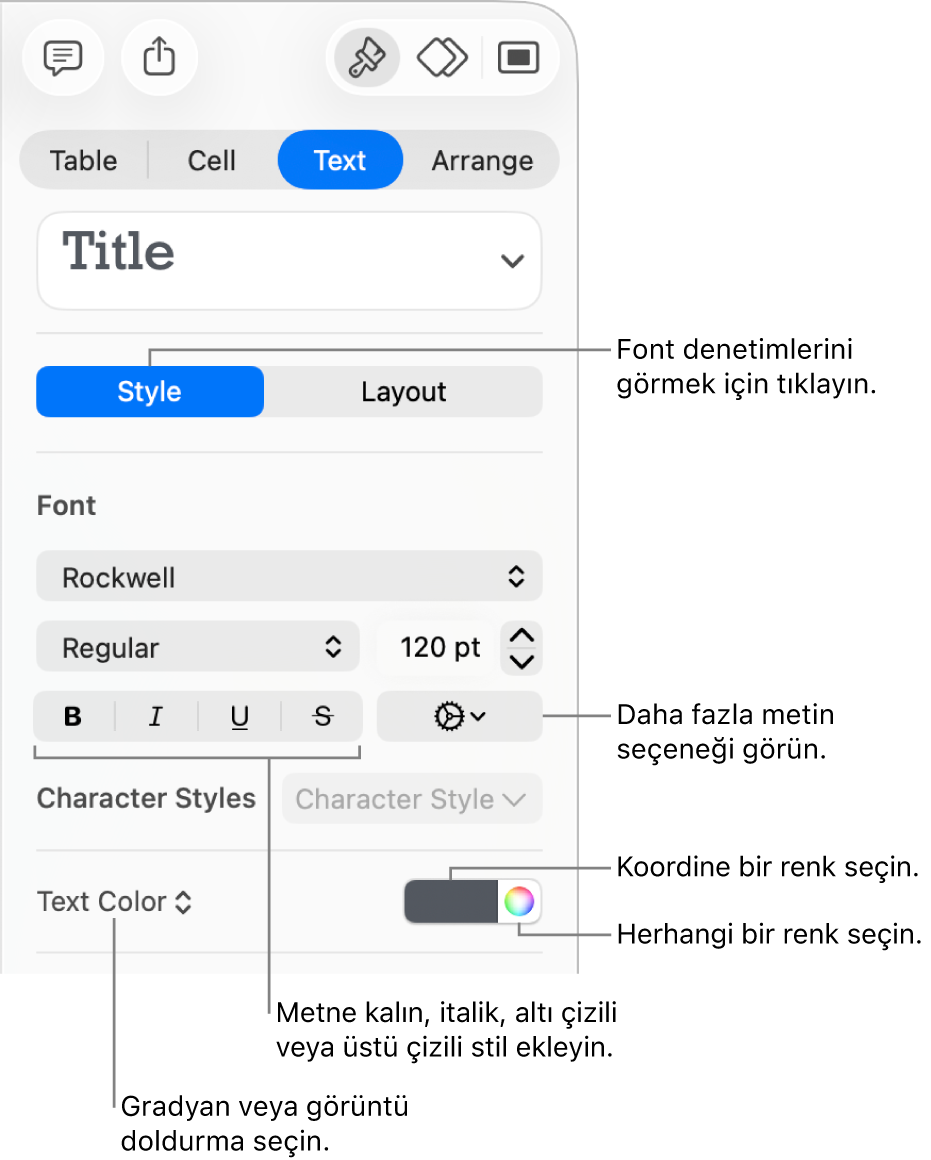 Tablo metnine stil ekleme denetimleri.