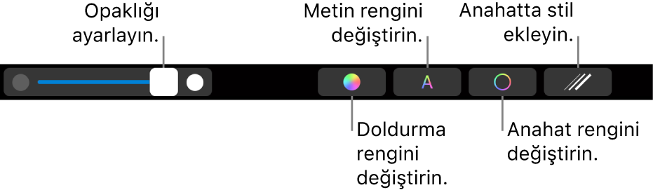 Şeklin opaklığını ayarlama, doldurma rengini değiştirme, metin rengini değiştirme, kontur rengini değiştirme ve kontura stil ekleme denetimleri ile MacBook Pro Touch Bar.