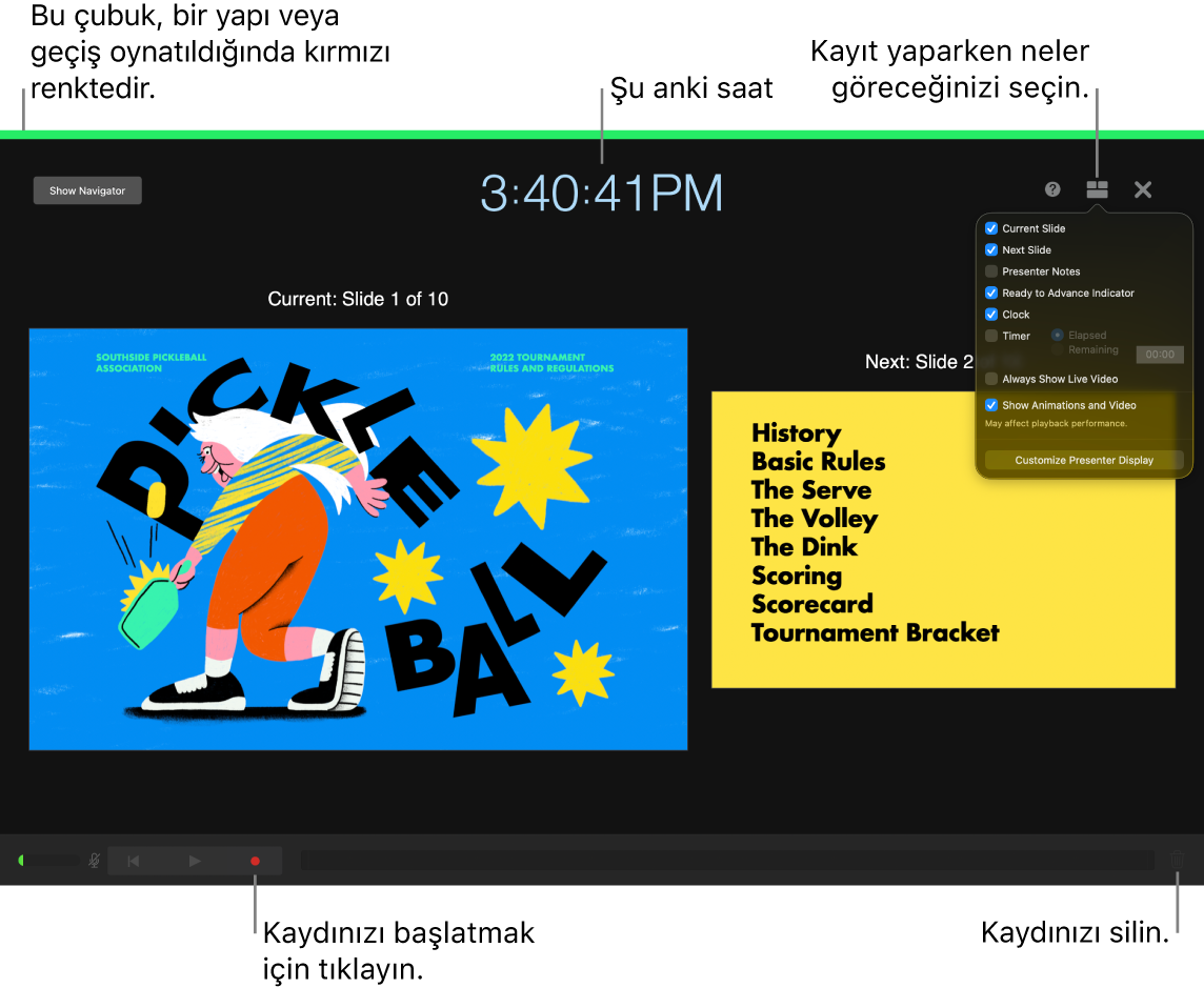 Sunan kişi ekranında ses kayıt modunun ekran görüntüsü. Geçerli ve sonraki slayt, o anki saat ve sunan kişi ekranı kontrolleri görünür. Kaydı başlatma ve durdurma kontrolü ve kaydı silme kontrolü, ekranın altına yakın bir yerde görünür.