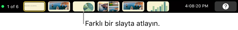 Sunudan çıkma, farklı slaytlara atlama ve sunan kişinin ekranına geçiş yapmaya yönelik sunu denetimleri ile MacBook Pro Touch Bar.