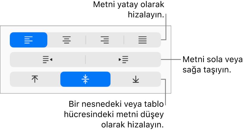 Metni dikey olarak hizalama, metni sola veya sağa taşıma ve metni dikey olarak hizalama düğmelerini gösteren kenar çubuğunun Hizalama bölümü.