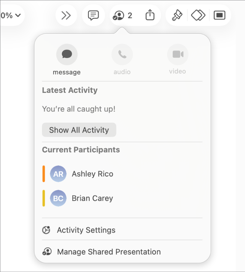Меню співпраці з іменами людей, які спільно працюють над презентацією.
