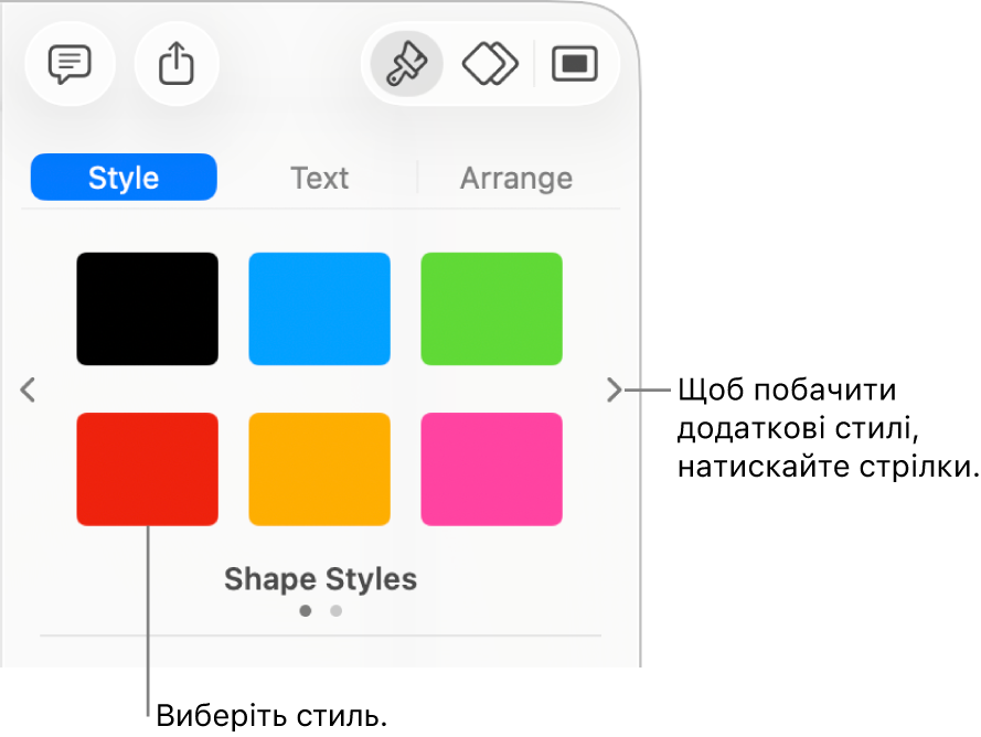 Вкладка «Стиль» на бічній панелі «Формат», шість стилів обʼєктів і стрілки навігації зліва і справа.