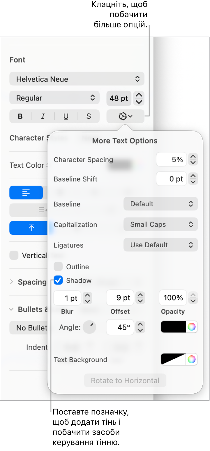 Відкривається меню «Експертні параметри» з установленим прапорцем «Тінь» та елементами керування розмиттям, зсувом, непрозорістю, кутом і кольором.