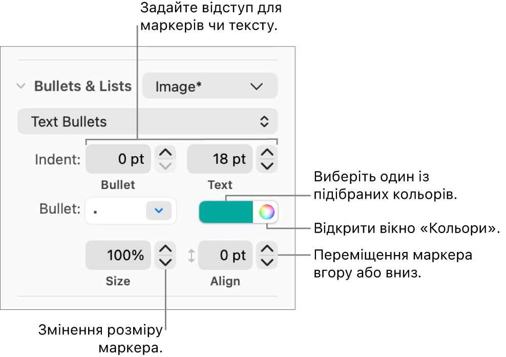 Розділ «Маркери та списки» з виносками для елементів керування відступами маркерів і тексту, кольорами й розміром маркерів, а також вирівнюванням.