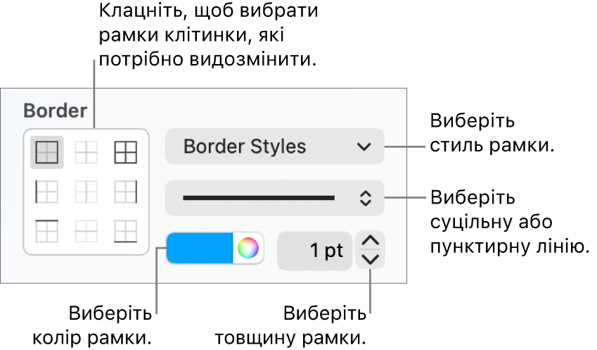 Елементи керування бічної панелі для зміни вигляду рамок клітинок.