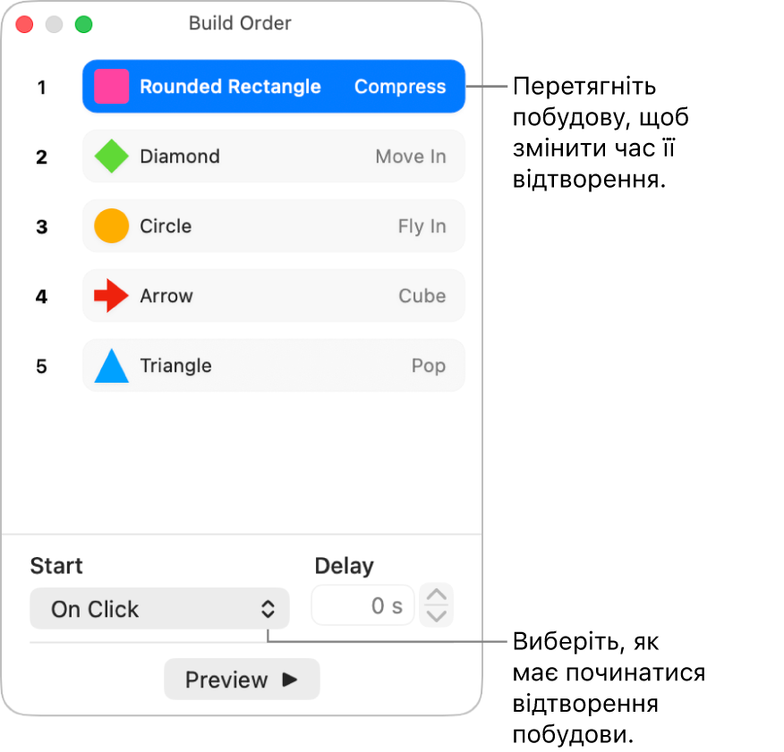 Вікно «Порядок побудови».
