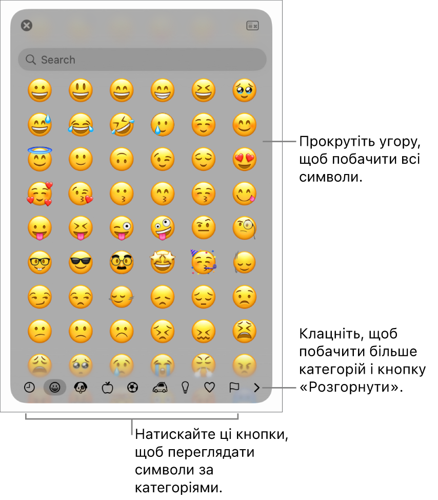 Спливне меню «Спеціальні символи» з емограмами, кнопки різних типів символів внизу й виноска на кнопку розгортання вікна «Символи».